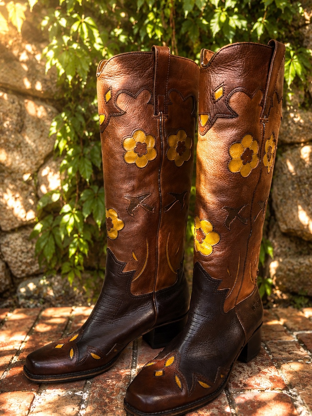 LUCKY BRAND Leather Floral Applique Tall Western Coastal Cowgirl Boots, 9.5/39.5